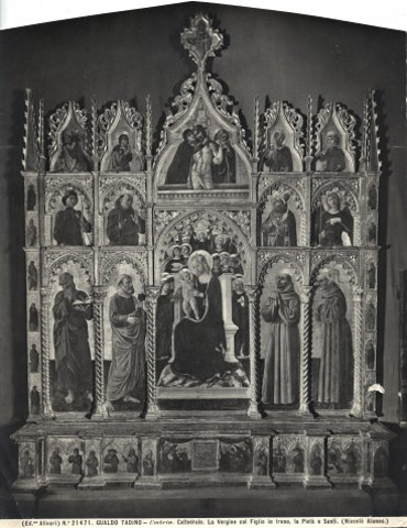 Alinari, Fratelli — Gualdo Tadino - Umbria. Cattedrale. La Vergine col Figlio in trono, la Pietà e Santi. (Niccolò Alunno.) — insieme